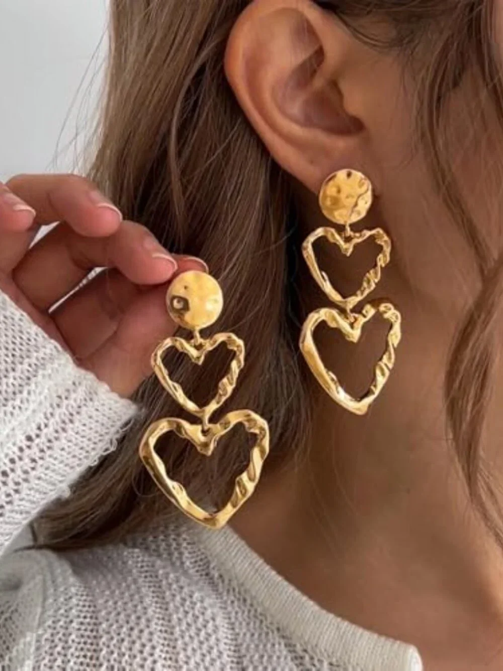 Gold Heart Dangle Pleated Earing's for Women Vintage Double Love Shaped Hammered